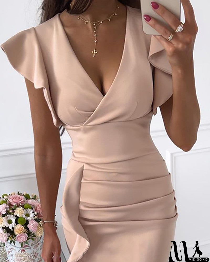 MidiSono - Temperament V-Neck Slim Flouncing Package Hip Dress