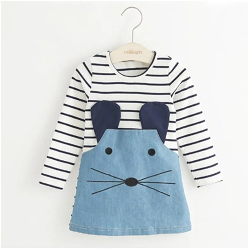 Kids Dresses for Girls Elegant Long Sleeve Princess Dress Stripe Patchwork Denim Dress 2 3 4 6 8 Years Girl Summer Clothes