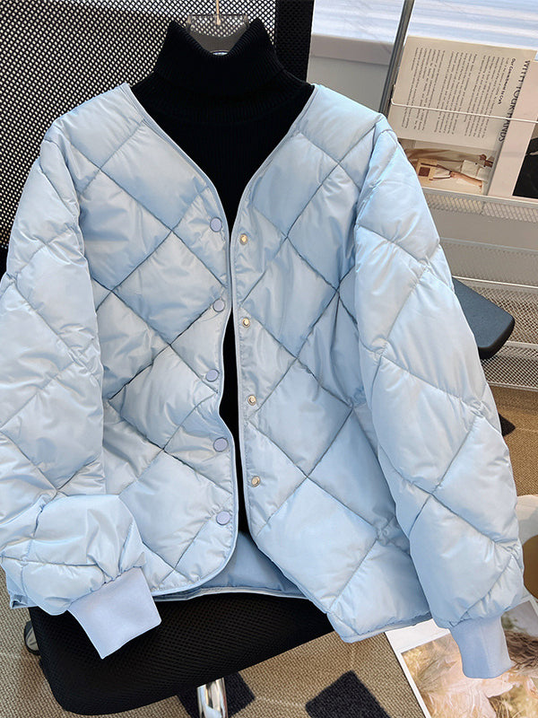 Women Long Sleeve V-neck Solid Color Puffer Coats