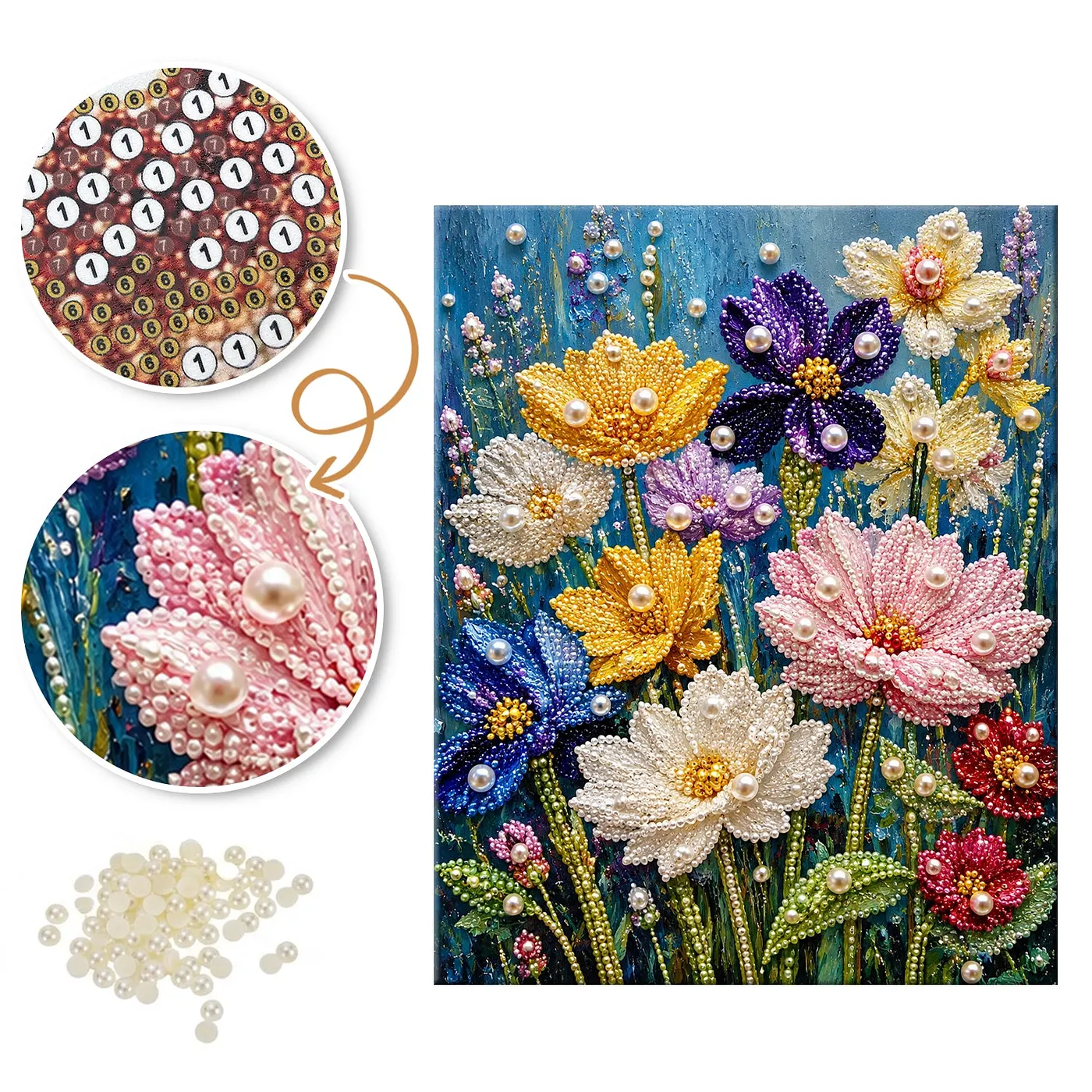 Colorful Flowers Blue - Pearls Painting