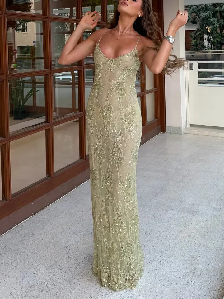Sage Green Lace V‑Neck Spaghetti‑Straps High-Waisted Backless Long Prom Dress With Sequins | SD0129 Wellcucu