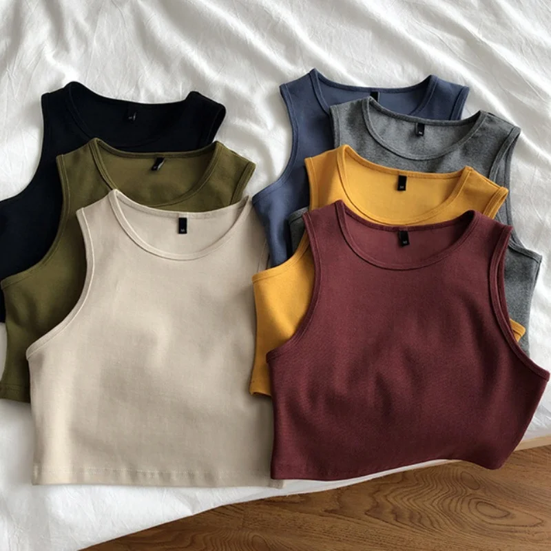 Summer New Ladies Retro Crop Top High Waist Slimming Stretch Slim Short Sleeveless Bottoming Top