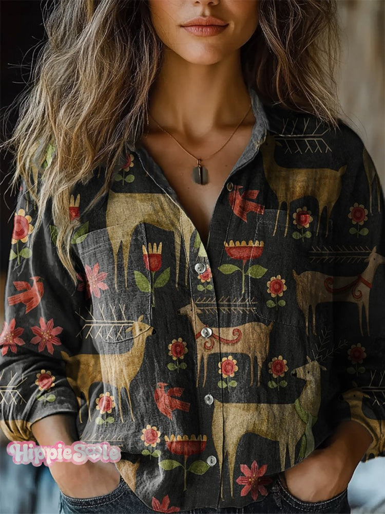 Women’s Vintage Christmas Elk Pattern Print Casual Long Sleeve Comfortable Cotton Shirt