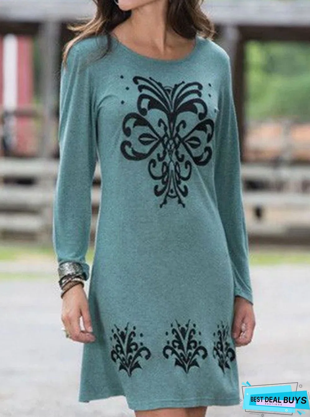 Fashion Pattern Print Round Neck Long Sleeve Casual Shift Dress