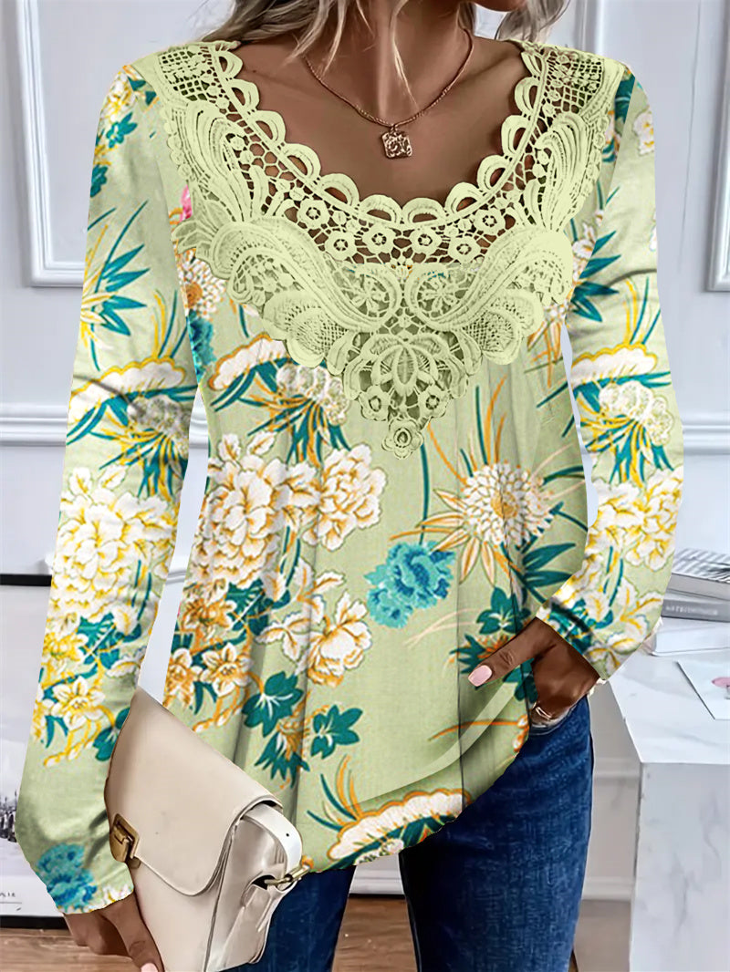 Women's Long Sleeve Scoop Neck Floral Printed Lace Stitching Top