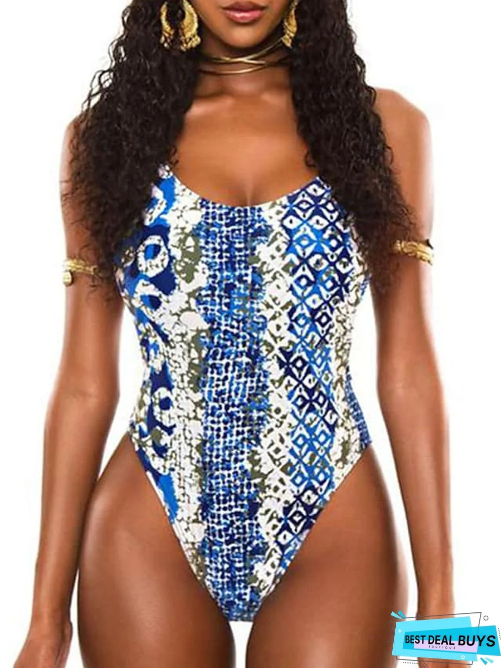 Women's Swimwear One Piece Monokini Bathing Suits Normal Swimsuit Tummy Control Open Back Printing High Waisted Geometric Abstract Blue Yellow Rosy Pink Royal Blue Navy Blue Scoop Neck Bathing Suits