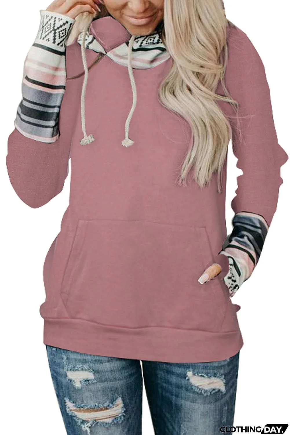 Plaid Double Hoods Thumb Hole Hoodie