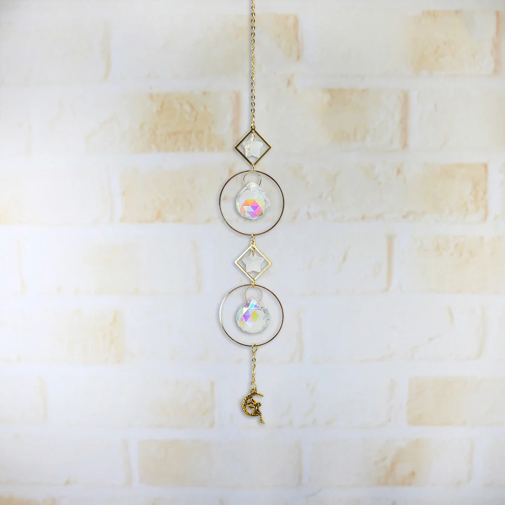 Crystal Wind Chime Star Moon Pendant Colorful Beads Hanging Drop Decor (A)