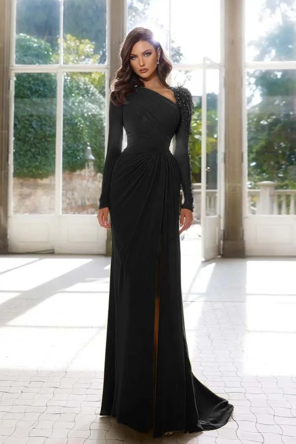 Lisliy Elegant Long Sleeve Yellow Prom Dress Asymmetric Pleated Slit 