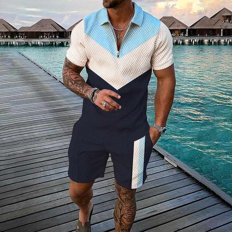 BrosWear Symmetrical Color Contrast Short Sleeve Polo Shirt And Shorts Co-Ord