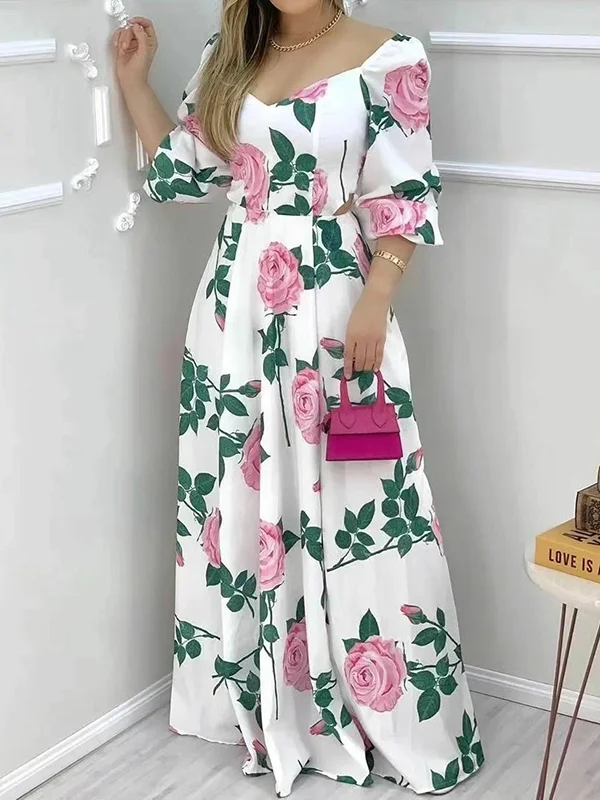 Rose floral v-neck drop waist ladies long dress