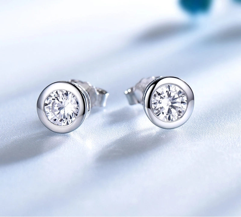 925 Sterling Silver Silver ZIRCON Round EARRINGS Stud Earrings