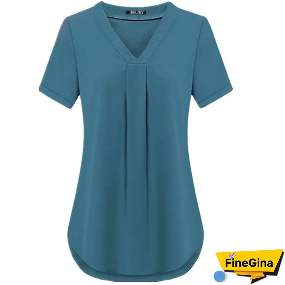 Womens Fashion Summer Sexy V-neck Short Sleeve Shirt Solid Color Loose Pleated Chiffon T