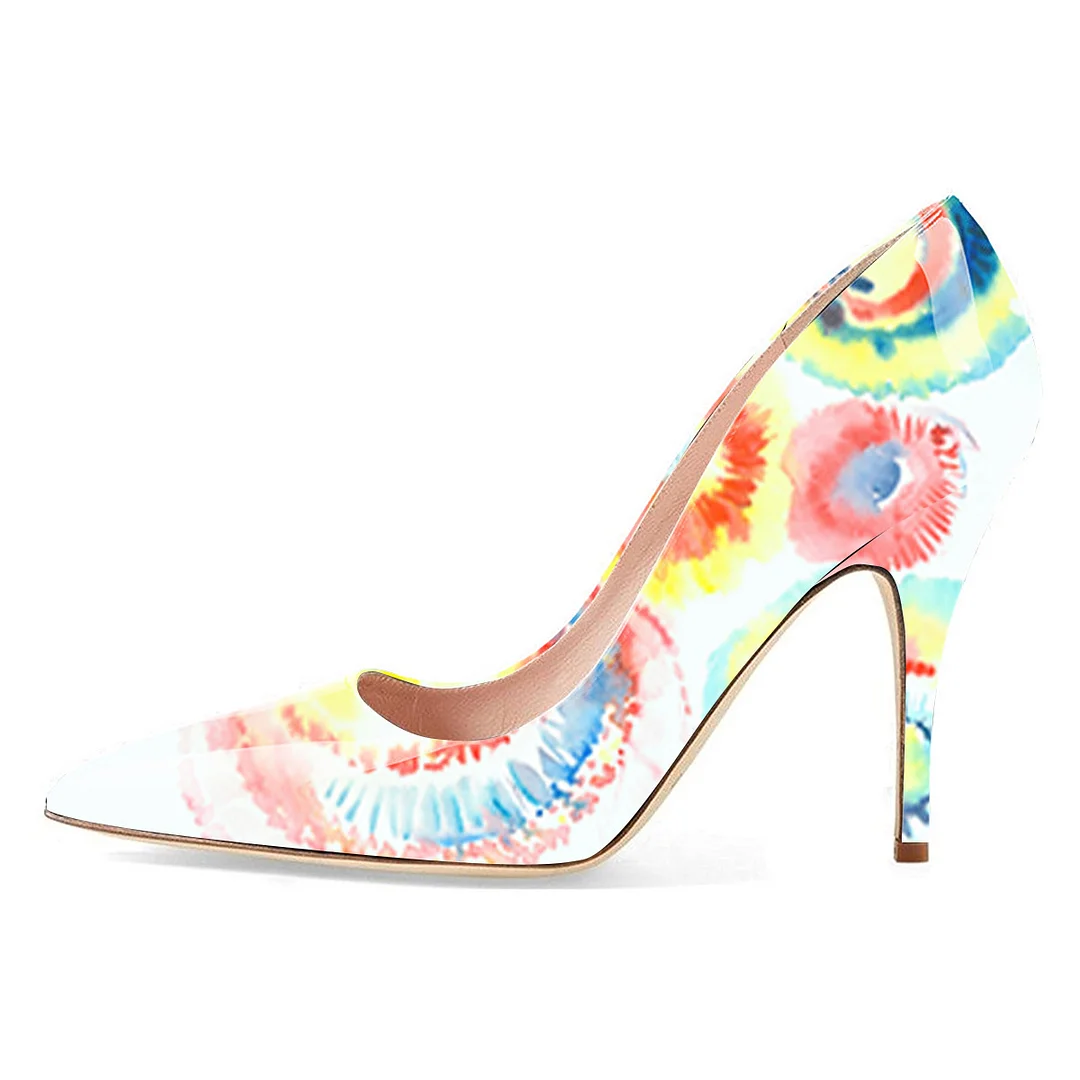 Ivory Vegan Leather Colorful Floral Printed Pointed Heel Pumps