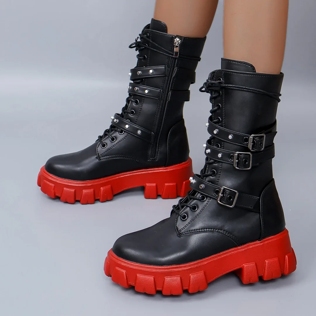 Zhungei Bottom Big Red Boots Fashion Punk High Top Mid Calf Boots Belt Buckle Metal Decoration Side Zipper Red black Boots