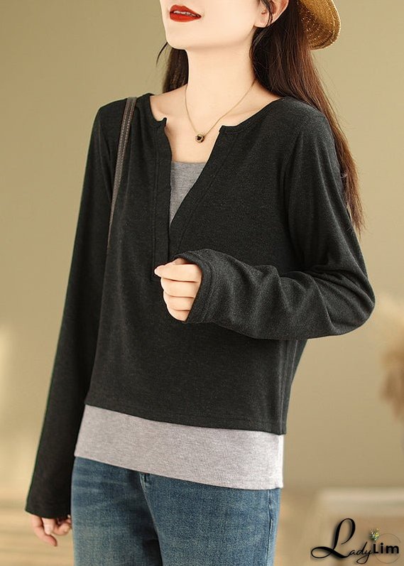 Black Patchwork Versatile Cotton T Shirts V Neck False Two Pieces Fall