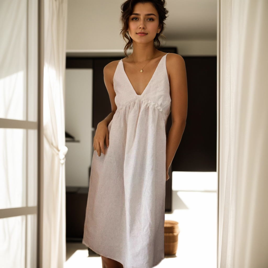 100% European Linen French Long V Neck Dress REAL SILK LIFE