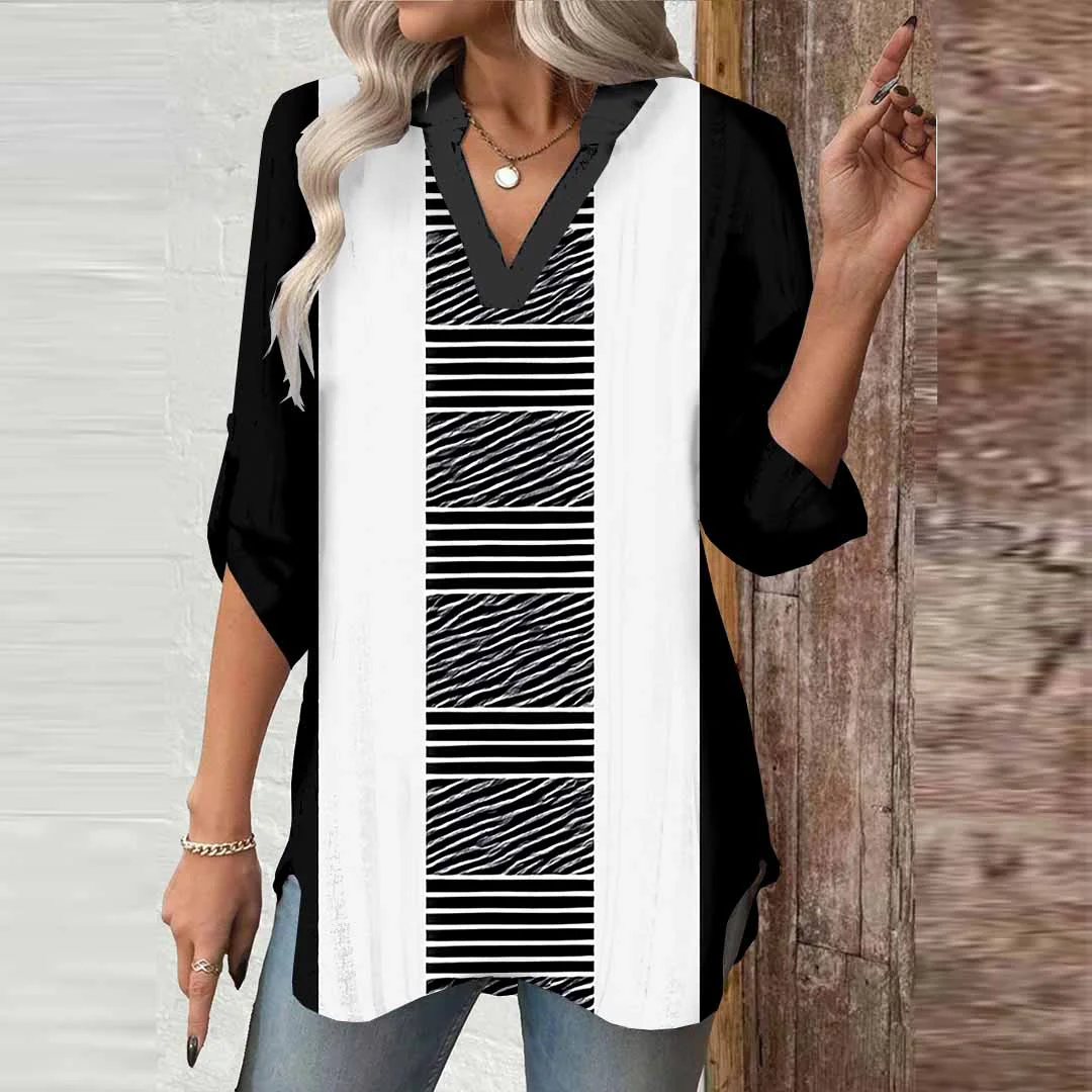 Women Striped, Black, Patchwork DZGA0054 3/4 Sleeve V-neck Printed Graphic Button Tops