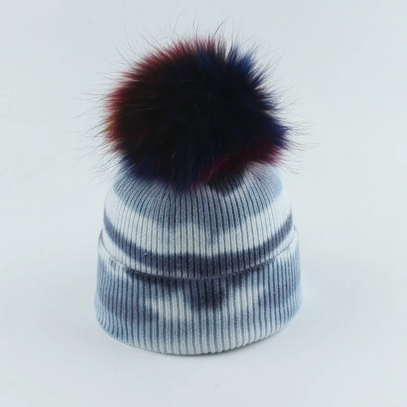 2021 New Fashion Winter Thicken Knitted Hats Warm Real Racoon Fur Pompom Unisex Beanie Tie-dyed Cap Adults Head Cover