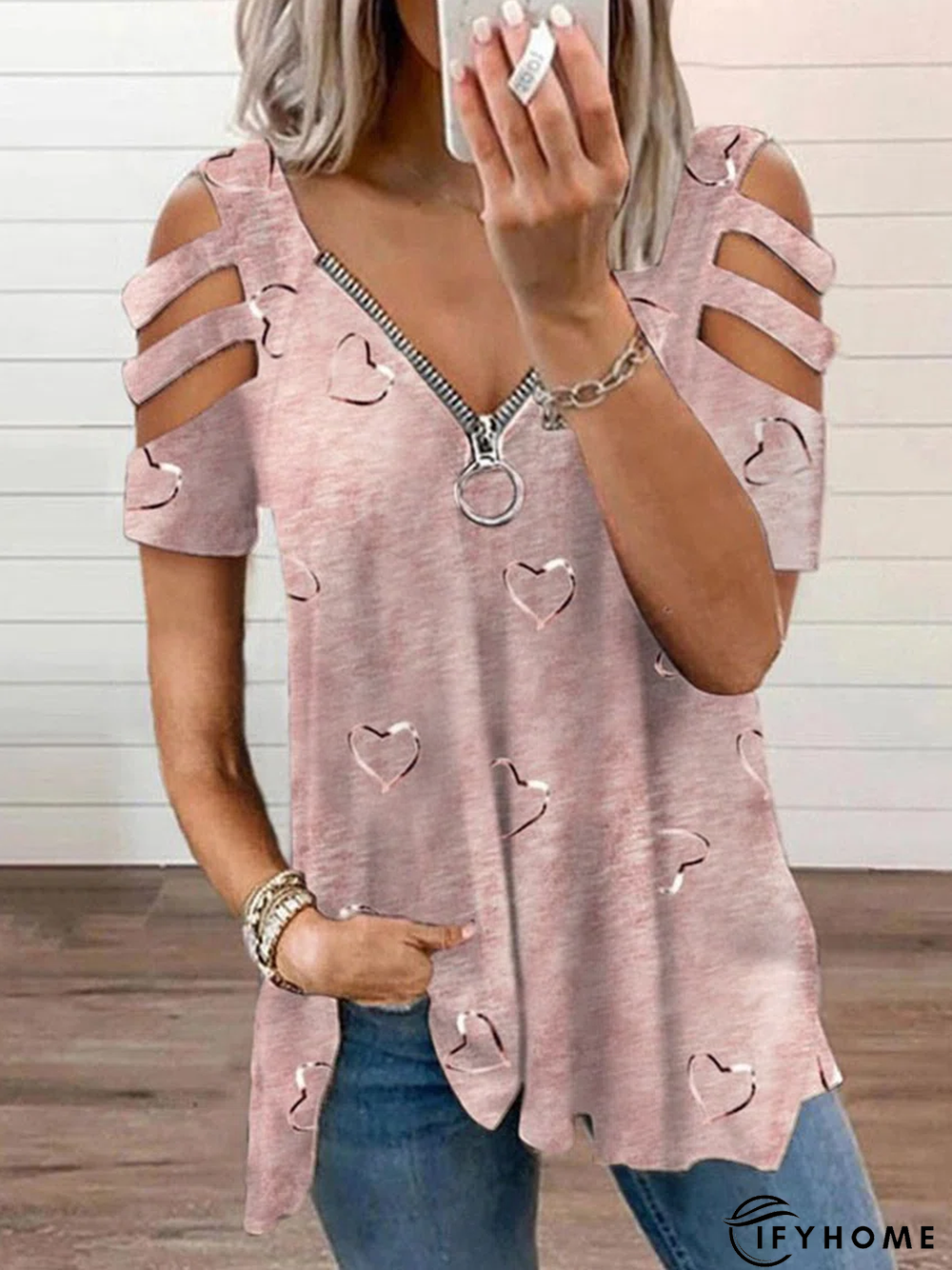 Casual Loosen V Neck Cotton Blend Geometric Tunic T-Shirt | IFYHOME