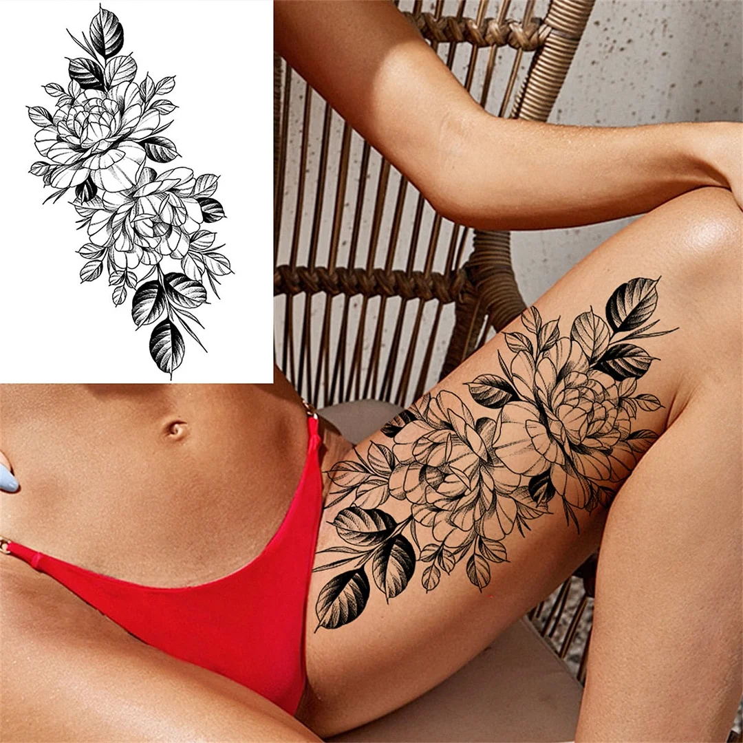 Large 3D Rose Flower Temporary Tattoos For Women Men Adults Death Skull Tattoo Sticker Peony Dahlia Black Fake Tatoos Forearm