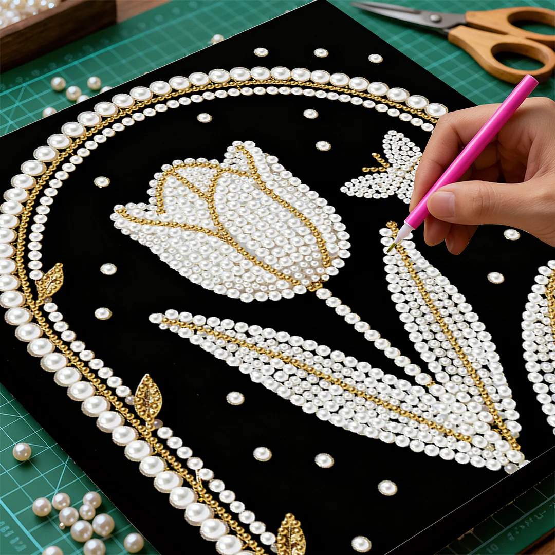 Tulip DIY Pearl Art Diamond Painting Kit for Adults Home Decor 25x25cm With Frame