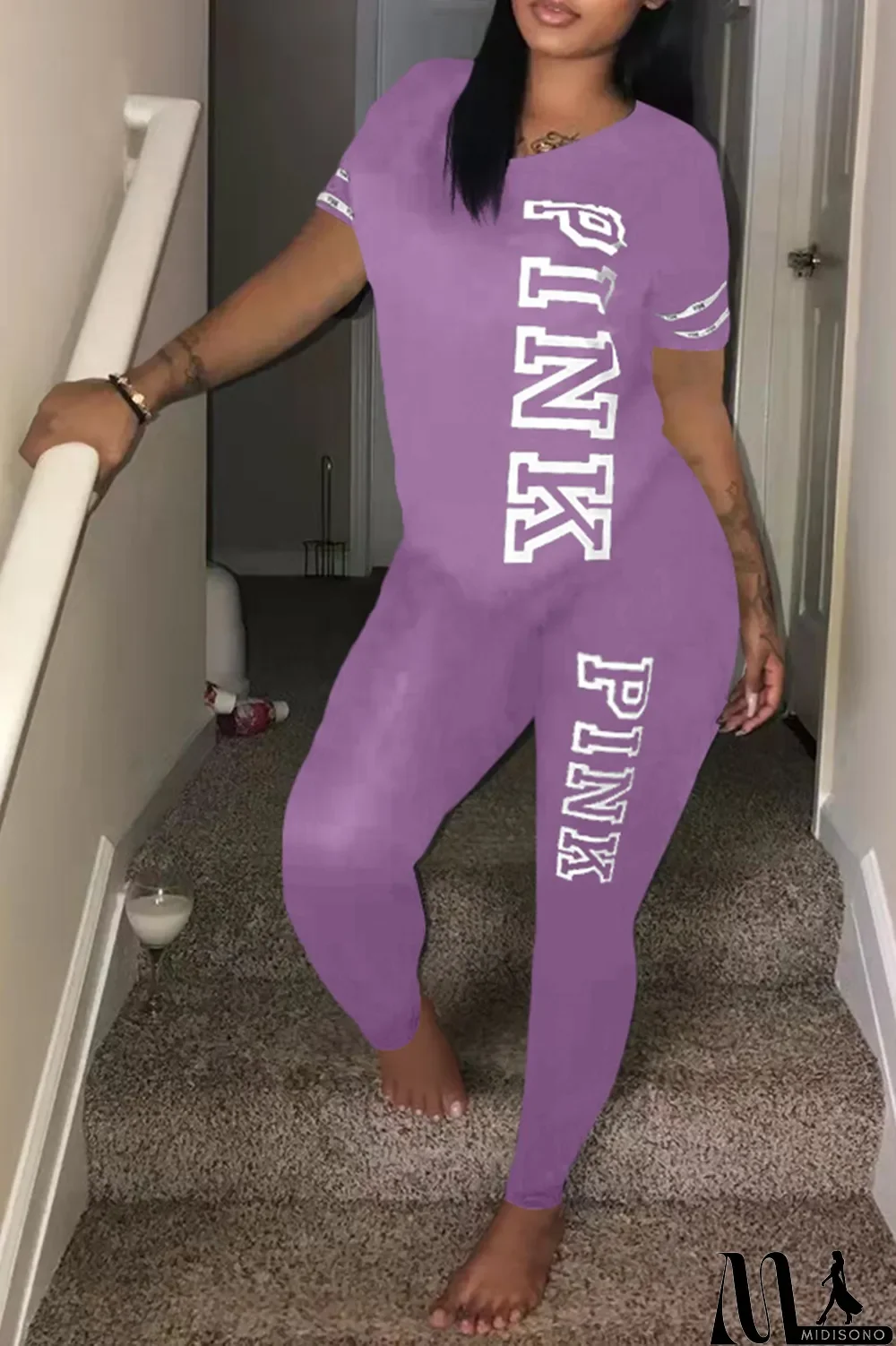 MidiSono - Green Casual Patchwork Letter O Neck Short Sleeve Two Pieces