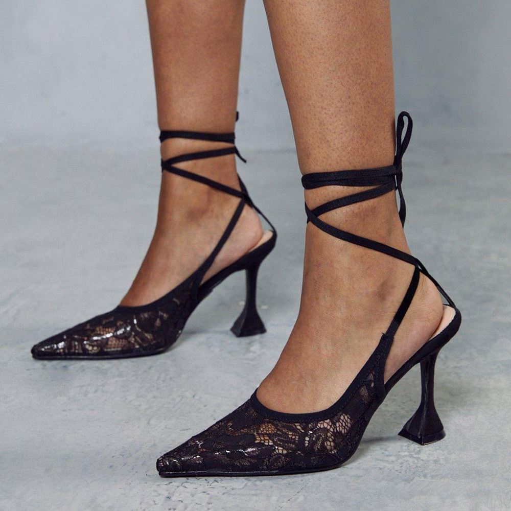 Black Lace Pointed Toe 3'' Flared Heel Lace Up Pumps Nicepairs