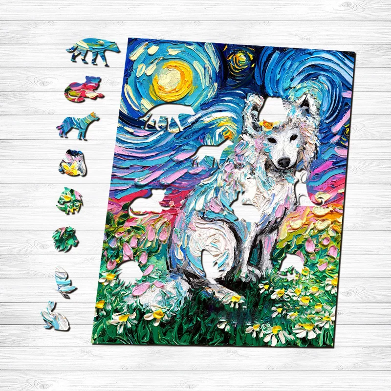 Jeffpuzzle™-JEFFPUZZLE™ Van Gogh Starry Night - Samoyed Wooden Puzzle