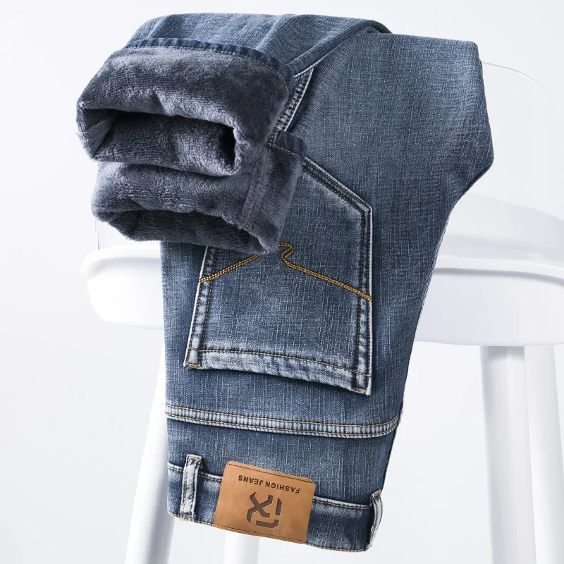 Koblaban Winter Brand Fleece Thick Warm Fit Straight Stretch Jeans Classic Fashion Casual Youth Men's Slim Jeans Black Gray Blue 2024