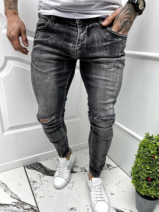 Men's Dark Gray Worn Jeans With Zipper
