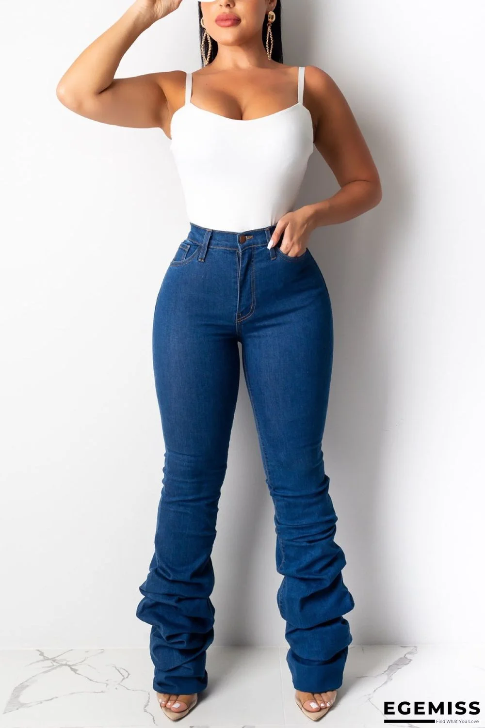 Blue Denim Button Fly Sleeveless Mid Draped Zippered Straight Pants | EGEMISS