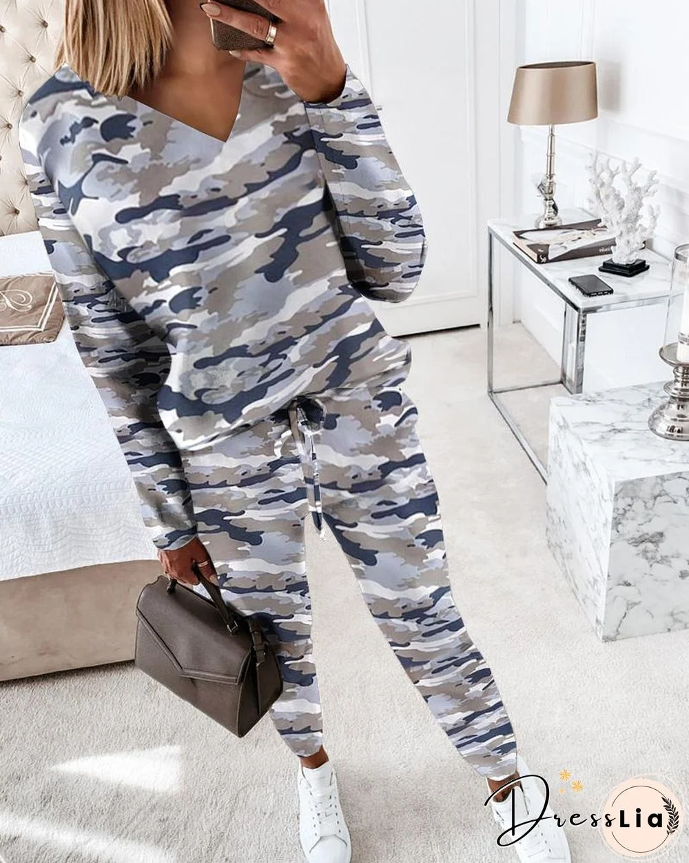 Camouflage Print Long Sleeve Top & Drawstring Waist Pants Set P10439