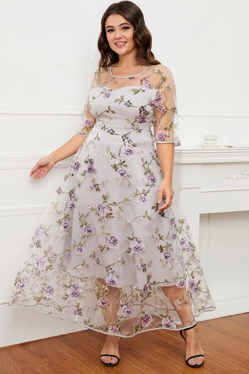 Flycurvy Plus Size Formal Lavender Mesh Floral Print Double Layer Tunic Maxi Dress