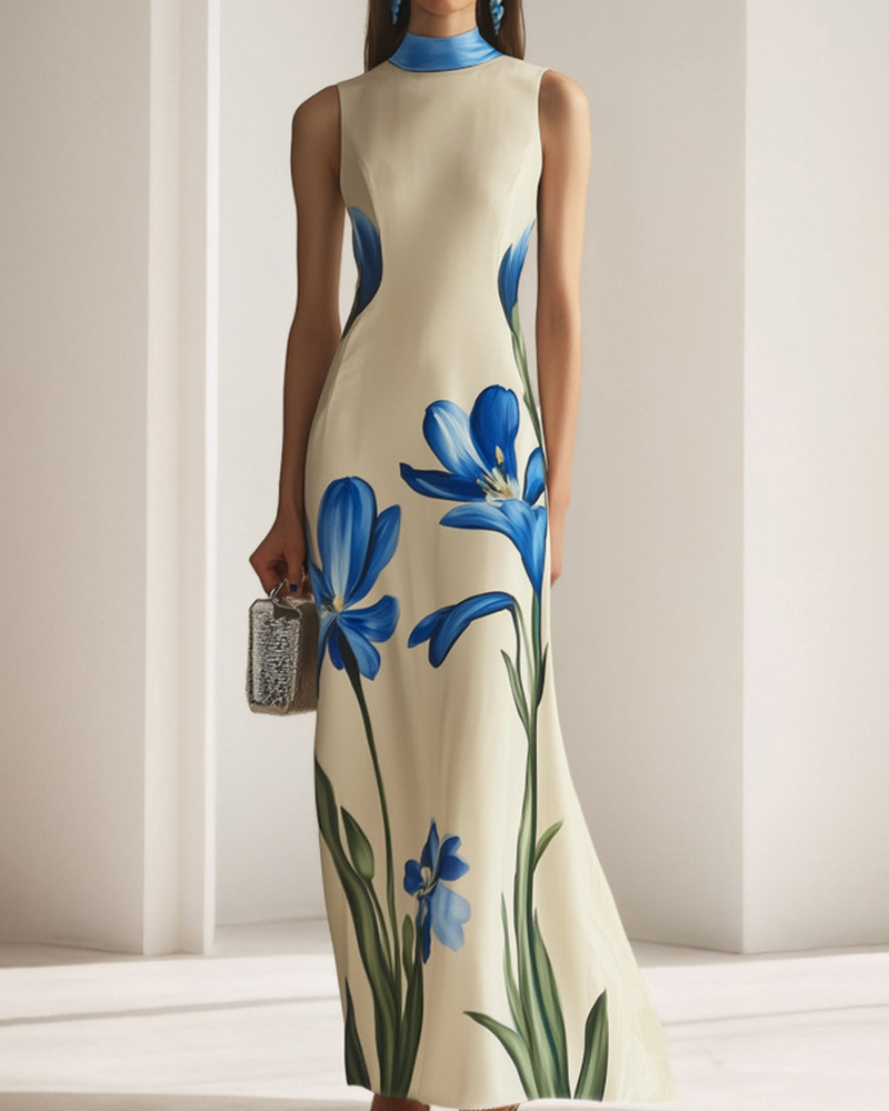 Floral Pattern High Neck Sleeveless Maxi Dress