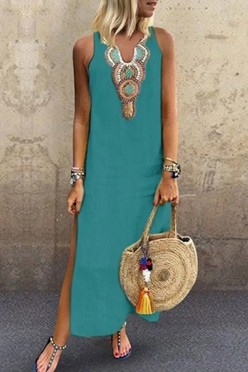 Casual Print Slit V Neck A Line Dresses(7 Colors)