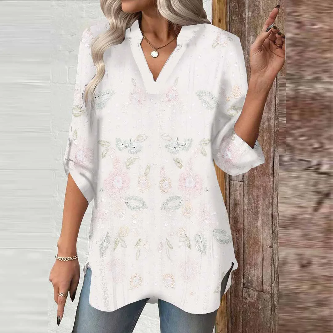 Women Pink, Floral, Shiny DZGA0511 3/4 Sleeve V-neck Printed Graphic Button Tops