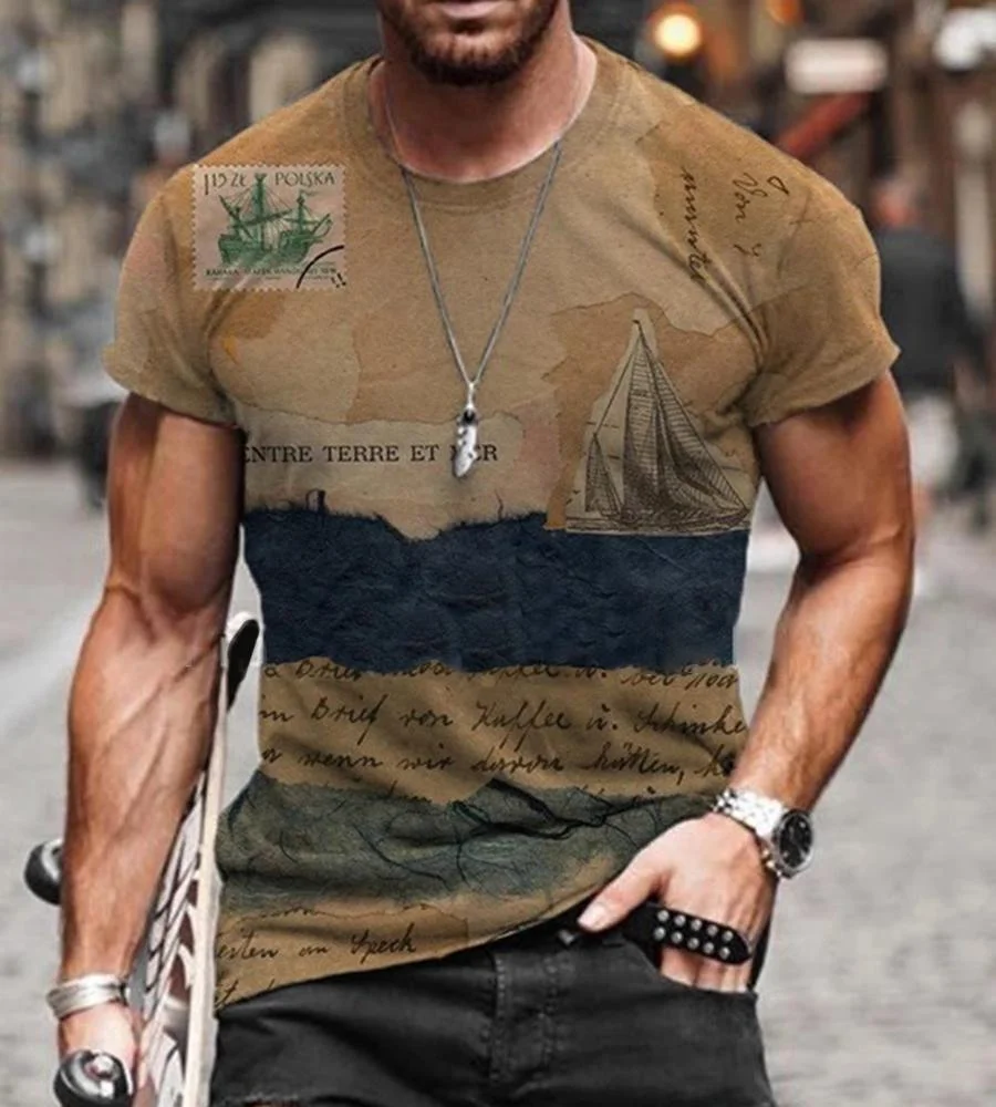 Men Spliced Vintage Print T-shirts