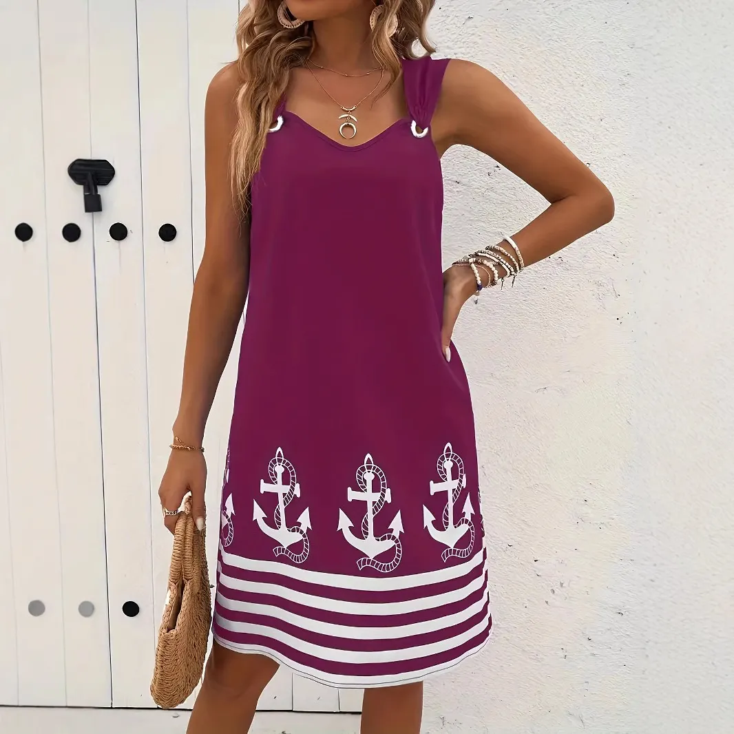 Nautical Anchor Print Ring Detail Strap Sleeveless Casual Swing Mini Dress