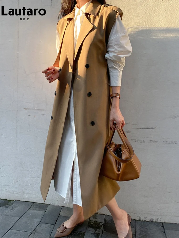 Huiketi Spring Autumn Long Khaki Sleeveless Trench Coat for Women with Belt Double Breasted Loose Casual Vest 2023 New Arrivals