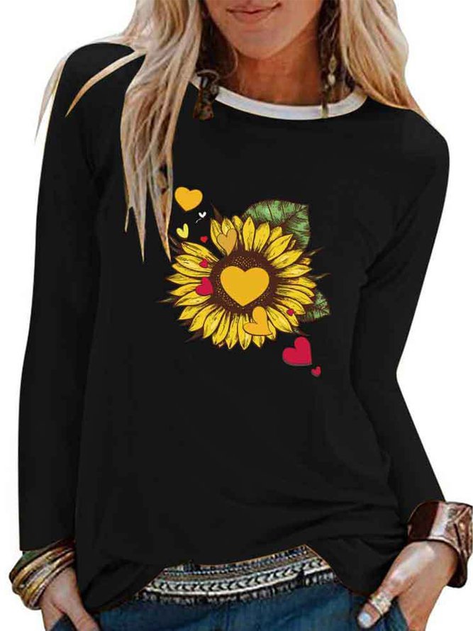 Round Neck Printed Cotton-Blend Long Sleeve Shirts & Tops