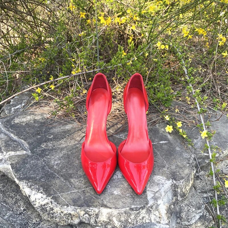 VCshoes Glossy Red 12cm 10cm 8cm 6cm High Thin Heel Pointed Toe Side Cutout Wedding Dating Cozy Women Pump QKOU022