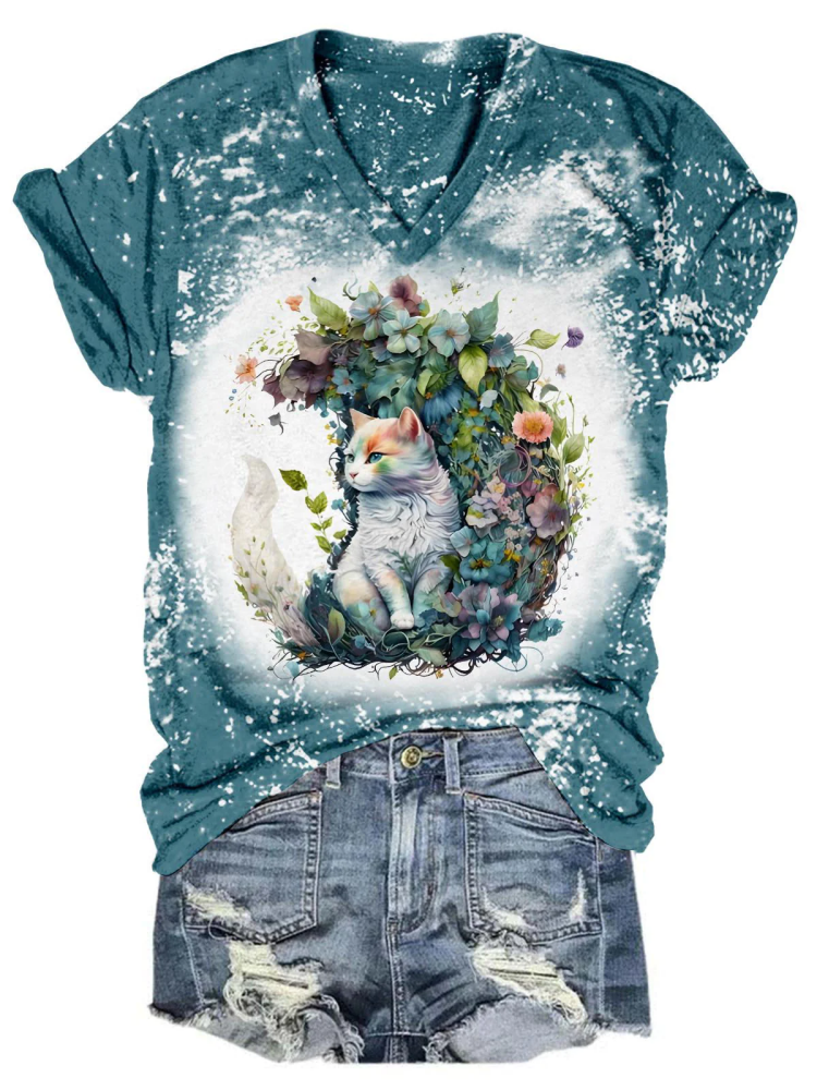 Floral Kitten Tie Dye V Neck T-Shirt