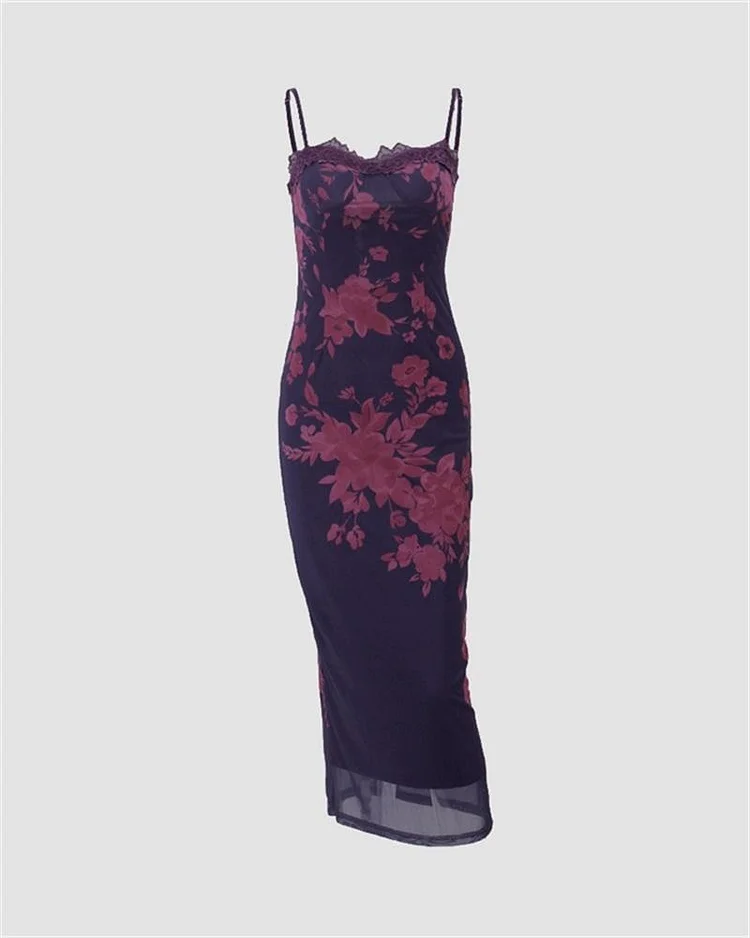 Lace Trim Floral Print Lace Up Maxi Dress