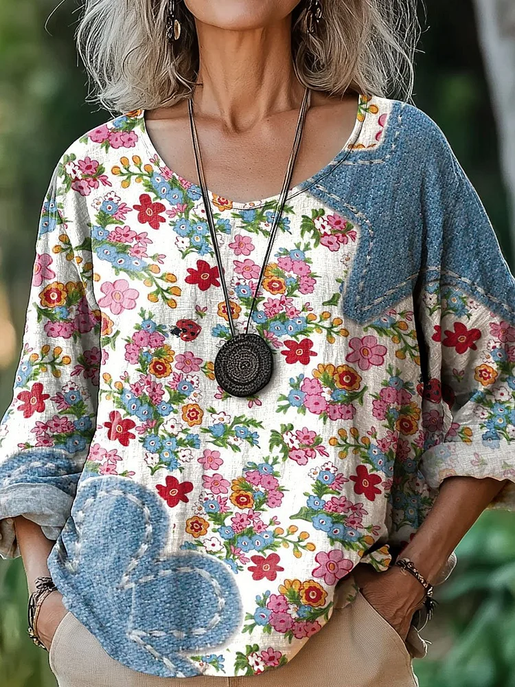 Women's Vintage Floral Art Print Casual Cotton And Linen Shirt