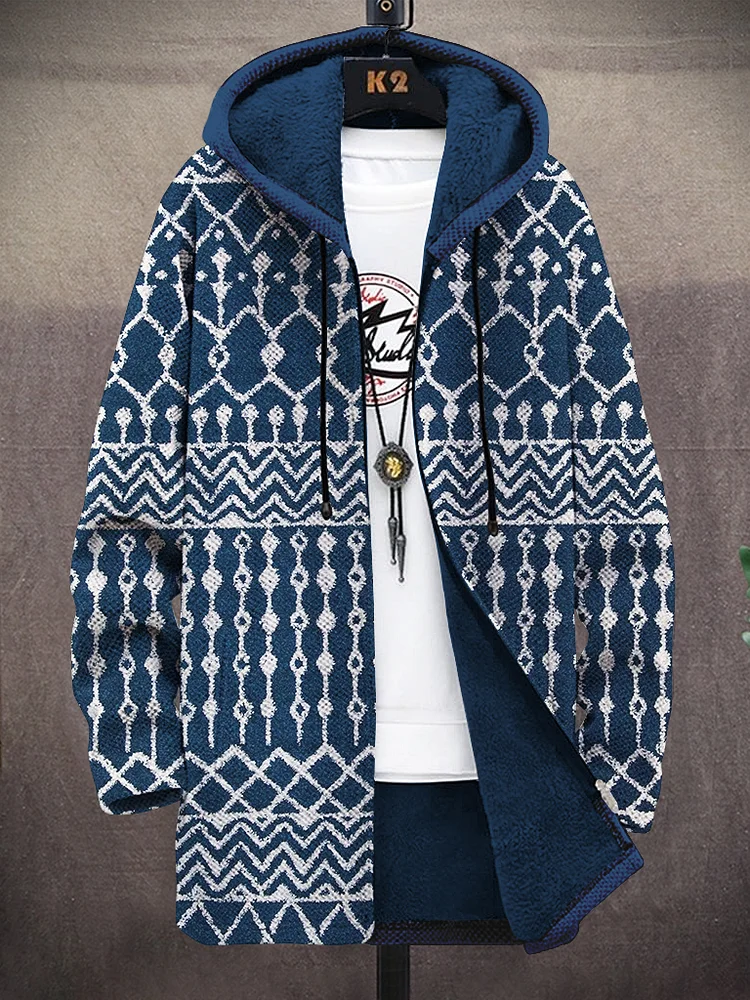 Men's Retro Geometric Pattern Print Fleece Lined Hooded Trench Coat