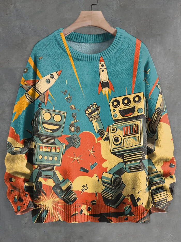 Men's Retro Robot Rocket Launch Print Knit Sweatshirt