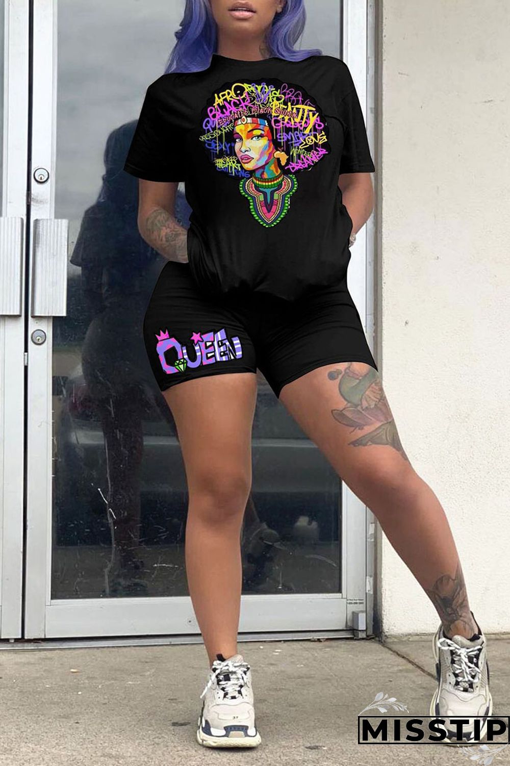 Black Casual Print Patchwork O Neck Short Sleeve Two Pieces