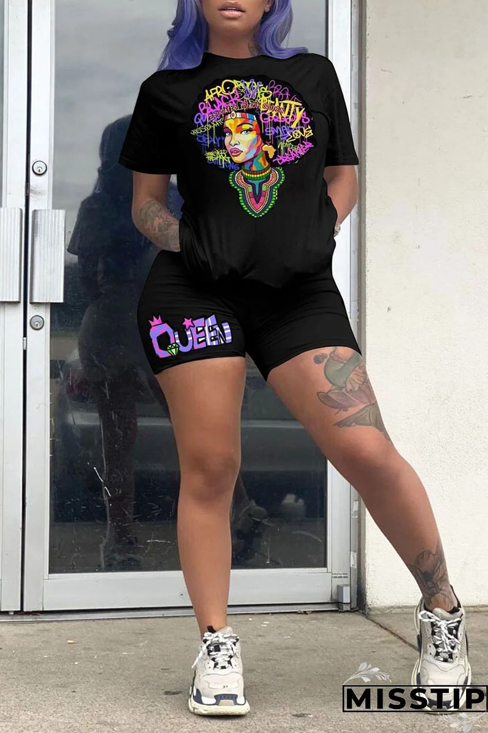 Black Casual Print Patchwork O Neck Short Sleeve Two Pieces