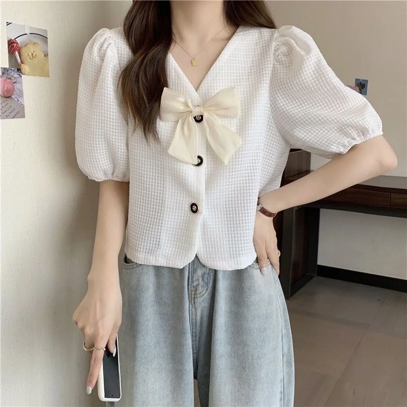 Brownm Style Bow Puff Sleeve Blouse Women 2022 New Summer Design Small Plaid Button Shirts Kawaii Korean Loose Cute Short Tops